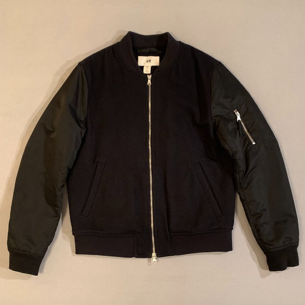 H&M Black Wool Bomber Jacket Varsity Baseball